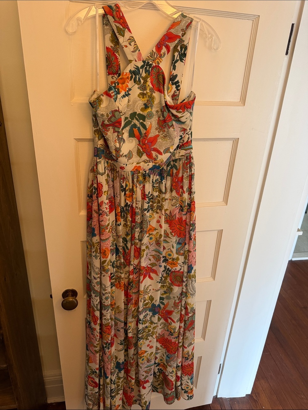 Lulu's Cream Floral Maxi Dress with Red & Green Accents